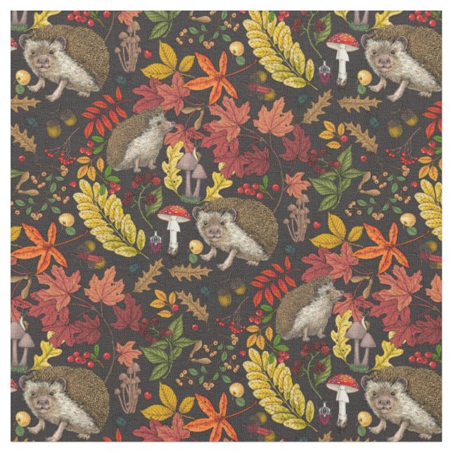 Hedgehogs and autumn forest flora on black fabric (Close Up)