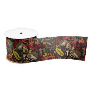 Hedgehogs and autumn forest flora on black satin ribbon
