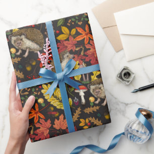 Hedgehogs and autumn forest flora on black wrapping paper