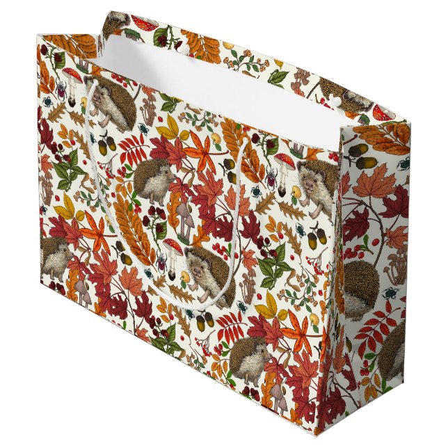 Hedgehogs and autumn forest flora on ivory large gift bag (Back Angled)