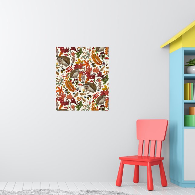 Hedgehogs and autumn forest flora on ivory poster (Nursery 1)
