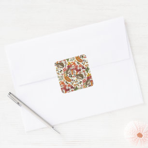 Hedgehogs and autumn forest flora on ivory square sticker