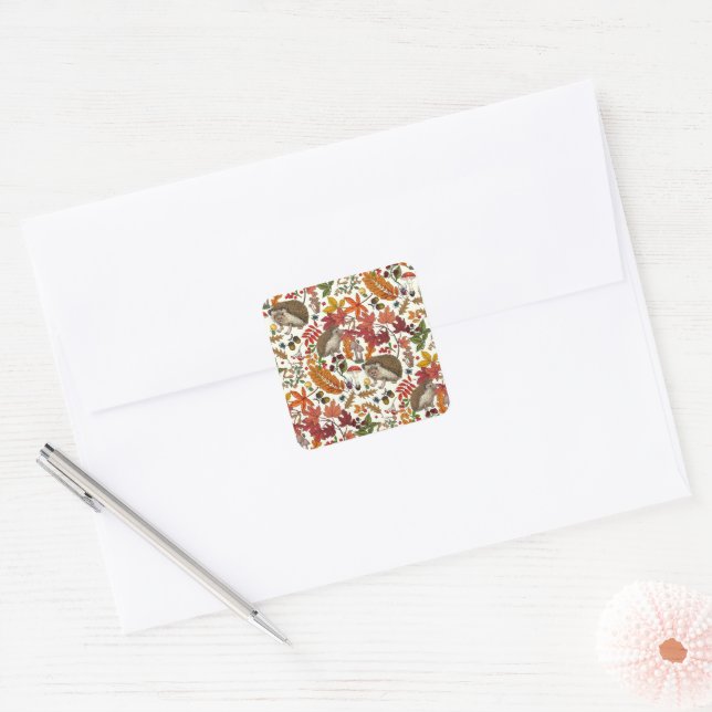Hedgehogs and autumn forest flora on ivory square sticker (Envelope)