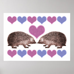 Hedgehogs in Love Folk Art Style Hearts Poster