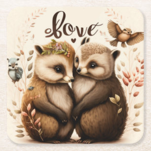  Hedgehogs in love         Square Paper Coaster