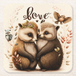 hedgehogs in love square paper coaster