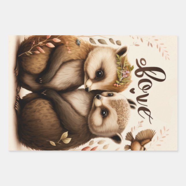  hedgehogs in love wrapping paper sheet (Front)