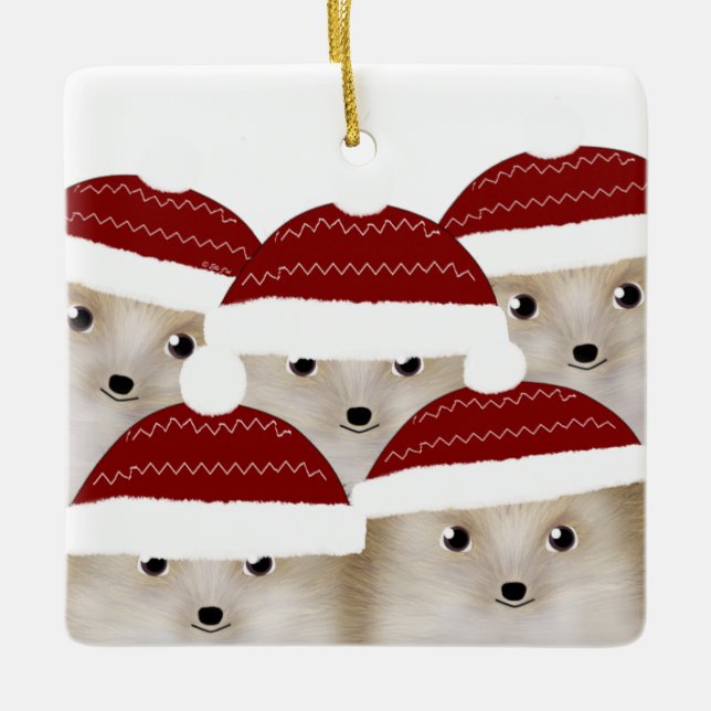 Hedgehogs Square Ceramic Ornament (Front)