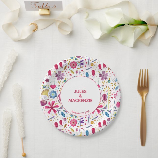 Hedgerow Wild Flowers Watercolor Wedding Paper Plate (Wedding)