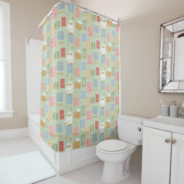 Hedwig Post Letter Block Pattern Shower Curtain (In Situ)