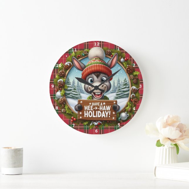 Hee-Haw Holiday!" - Cheerful Donkey Christmas Large Clock (Home)