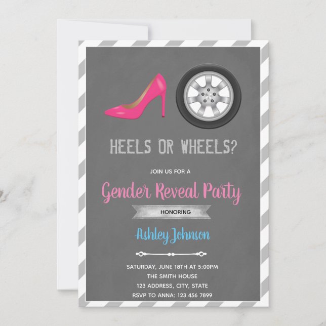 Heel or wheel gender reveal invitation (Front)