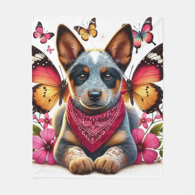 Heeler Puppy Surrounded by Butterflies and Flowers Fleece Blanket (Front)