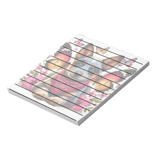 Heeler Puppy Surrounded by Butterflies and Flowers Notepad (Rotated)