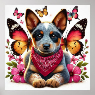 Heeler Puppy Surrounded by Butterflies and Flowers Poster