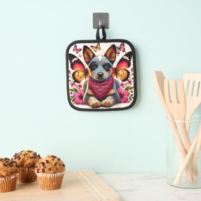 Heeler Puppy Surrounded by Butterflies and Flowers Pot Holder (Insitu(Hanging))