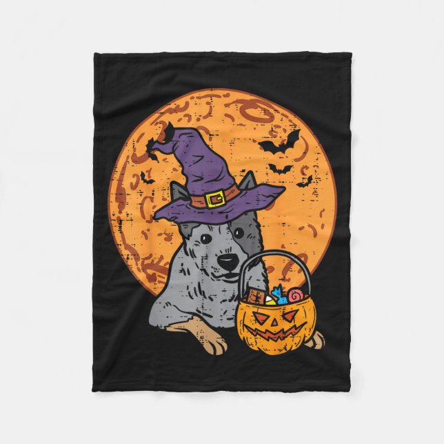 Heeler Witch Hat Moon Jack O Lantern Halloween Fleece Blanket (Front)