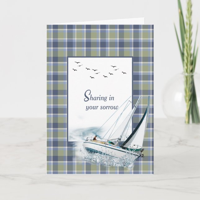 Heeling Sailboat On Plaid Sympathy Card (Front)