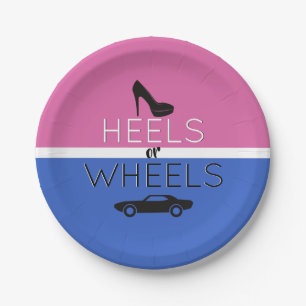 Heels or Wheels{Car} Black Pink Blue Gender Reveal Paper Plate