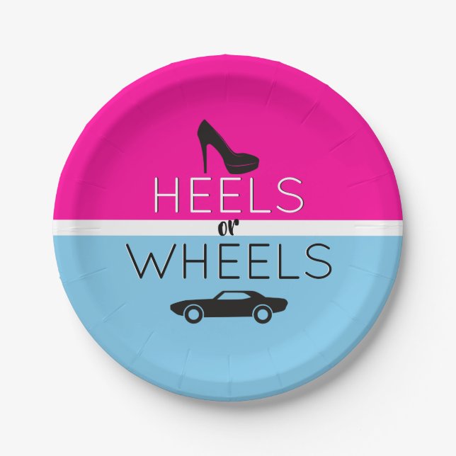 Heels or Wheels{Car} Black|Pink|Blue Gender Reveal Paper Plate (Front)