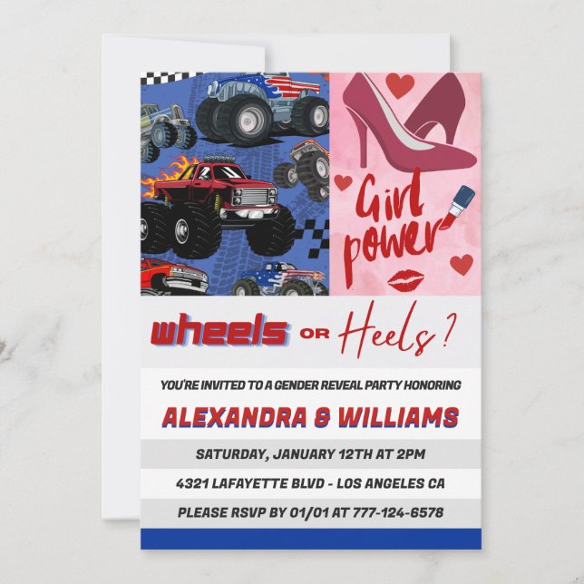Heels or wheels gender reveal invitation pink blue (Front)