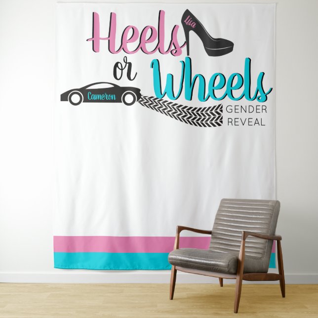 Heels or Wheels Gender Reveal Pink|Blue Photo Tapestry (In Situ)