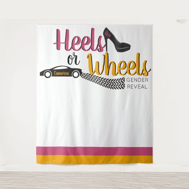 Heels or Wheels Gender Reveal Pink|Marigold Photo Tapestry (Front)