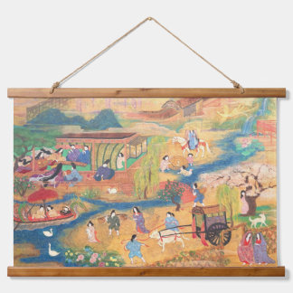 Heian Courtyard Scene: Tales from a Gilded Scroll Hanging Tapestry