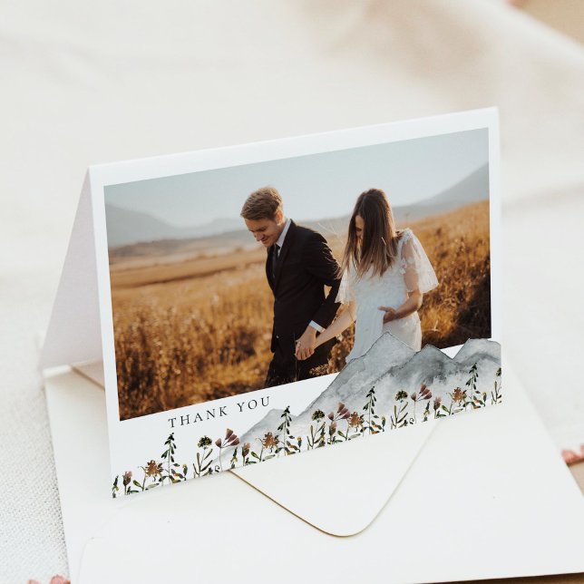 HEIDI Boho Mountain Floral Photo Thank You Card (Creator Uploaded)