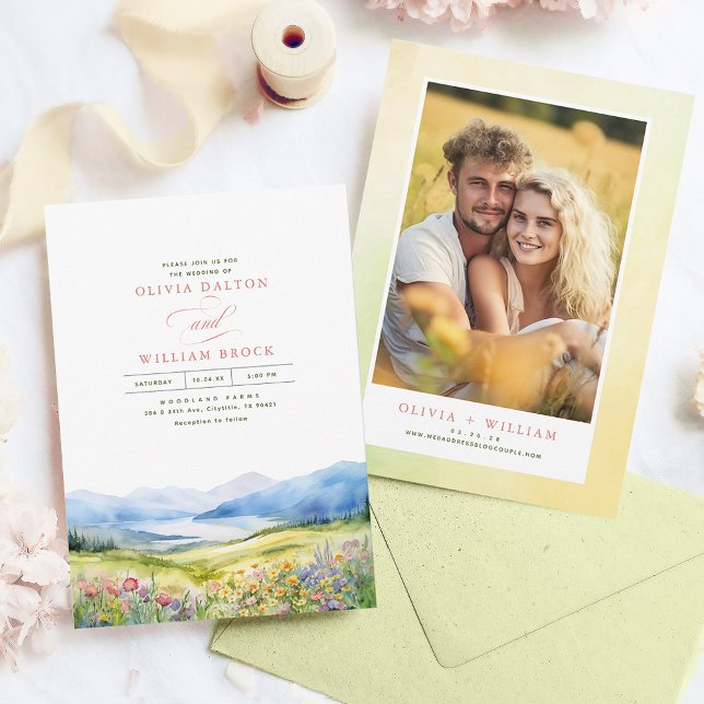 Heidi Mountains Wildflowers Elegant Wedding Photo Invitation (Creator Uploaded)