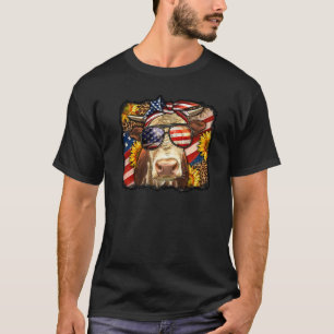 Heifer Cow American Flag 4th July Leopard Sunflowe T-Shirt