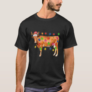 Heifer Cow Christmas Lights Funny Santa Hat Merry T-Shirt