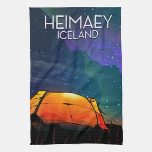 Heimaey, iceland, camping vacation poster. tea towel