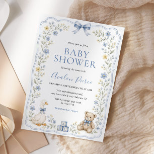 Heirloom Blue Floral Goose Teddy Bear Baby Shower Invitation