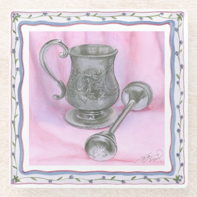 Heirloom Cup & Rattle on Purple Background Glass Coaster (Front)