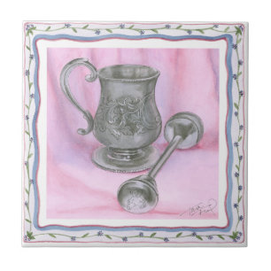 Heirloom Cup & Rattle on Purple Background Tile
