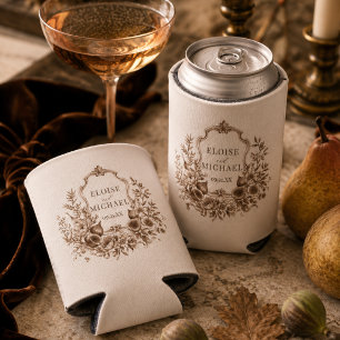 Heirloom Harvest Monogram Crest Fall Wedding Can Cooler