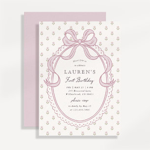 Heirloom Pink Bow Floral Pattern First Birthday In Invitation
