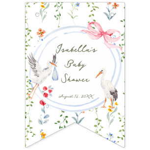 Heirloom Rose Bow and Stork Baby Shower  Bunting