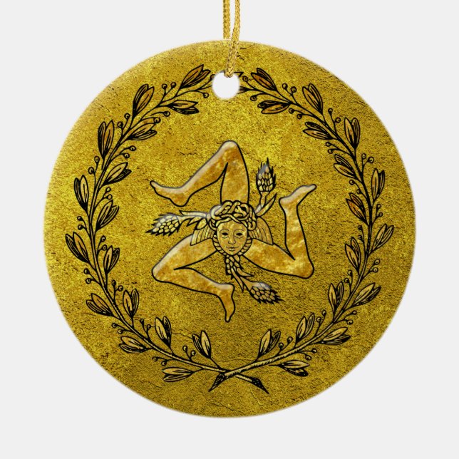 Heirloom Sicilian Trinacria Gold Ceramic Tree Decoration (Front)