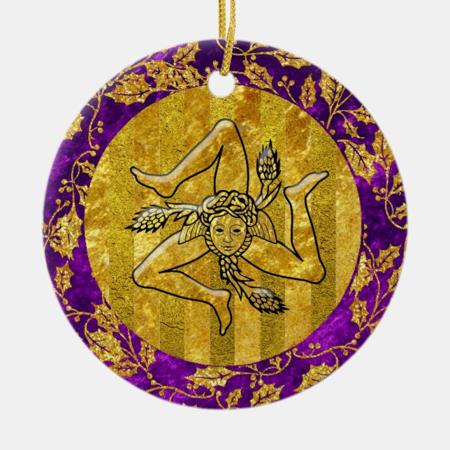 Heirloom Sicilian Trinacria Gold Purple Ceramic Tree Decoration (Front)
