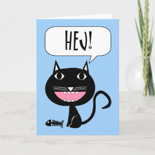 Hej! Hello Card in Swedish, Black Cat with Fish
