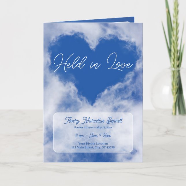 Held in Love Cloud Heart BiFold Funeral Program Invitation (Front)