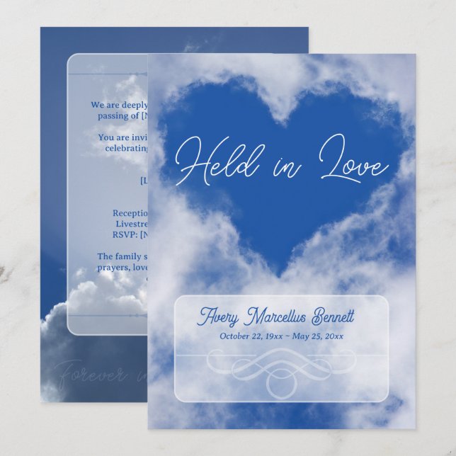 Held in Love Cloud Heart Memorial Invitation (Front/Back)