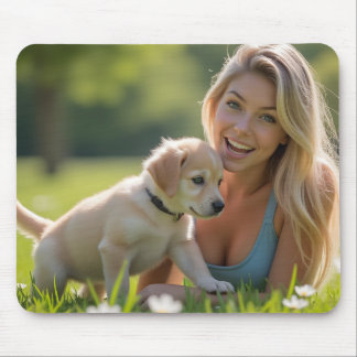 Helena Chevalier & Puppy: Carefree Bliss in Nature Mouse Pad