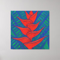 Heliconia Flower, Abstract Floral Art Painting Red