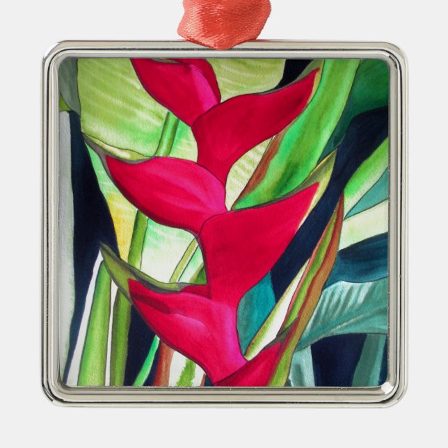 Heliconia Lobster Claw tropical watercolour flower Metal Tree Decoration (Front)