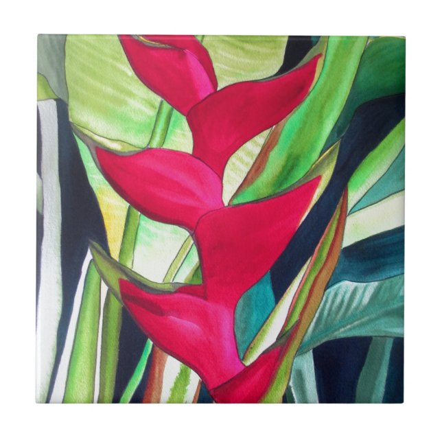 Heliconia Lobster Claw tropical watercolour flower Tile (Front)