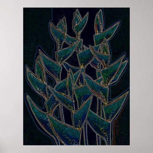 Heliconia Rostrata Tropical Plant Floral Art Black Poster (Front)