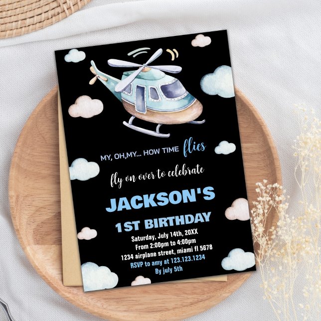 Helicopter Birthday Invitations Grey Blue Black BK (Helicopter Birthday Invitations Gray Blue Black BK)